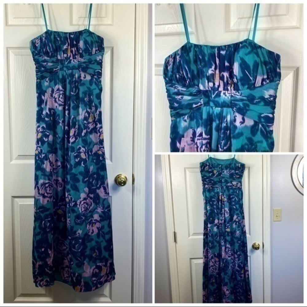 BCBG Teal floral watercolor gown. Size 6. Small. Satin